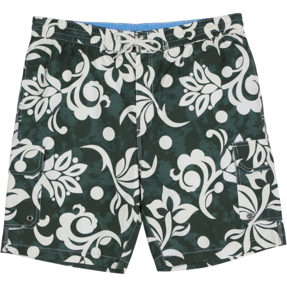 Caribbean Joe Men's Large Green Floral Swim Trunks Board Shorts‎ Cargo Pockets